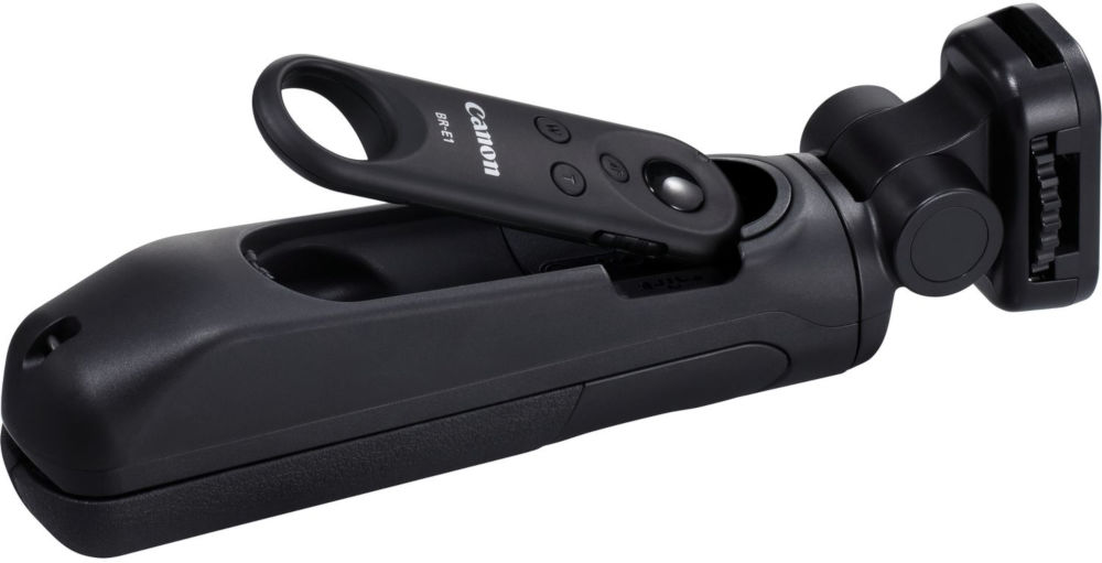 Zwarte camera-afstandsbediening met Canon-branding in gesloten positie.