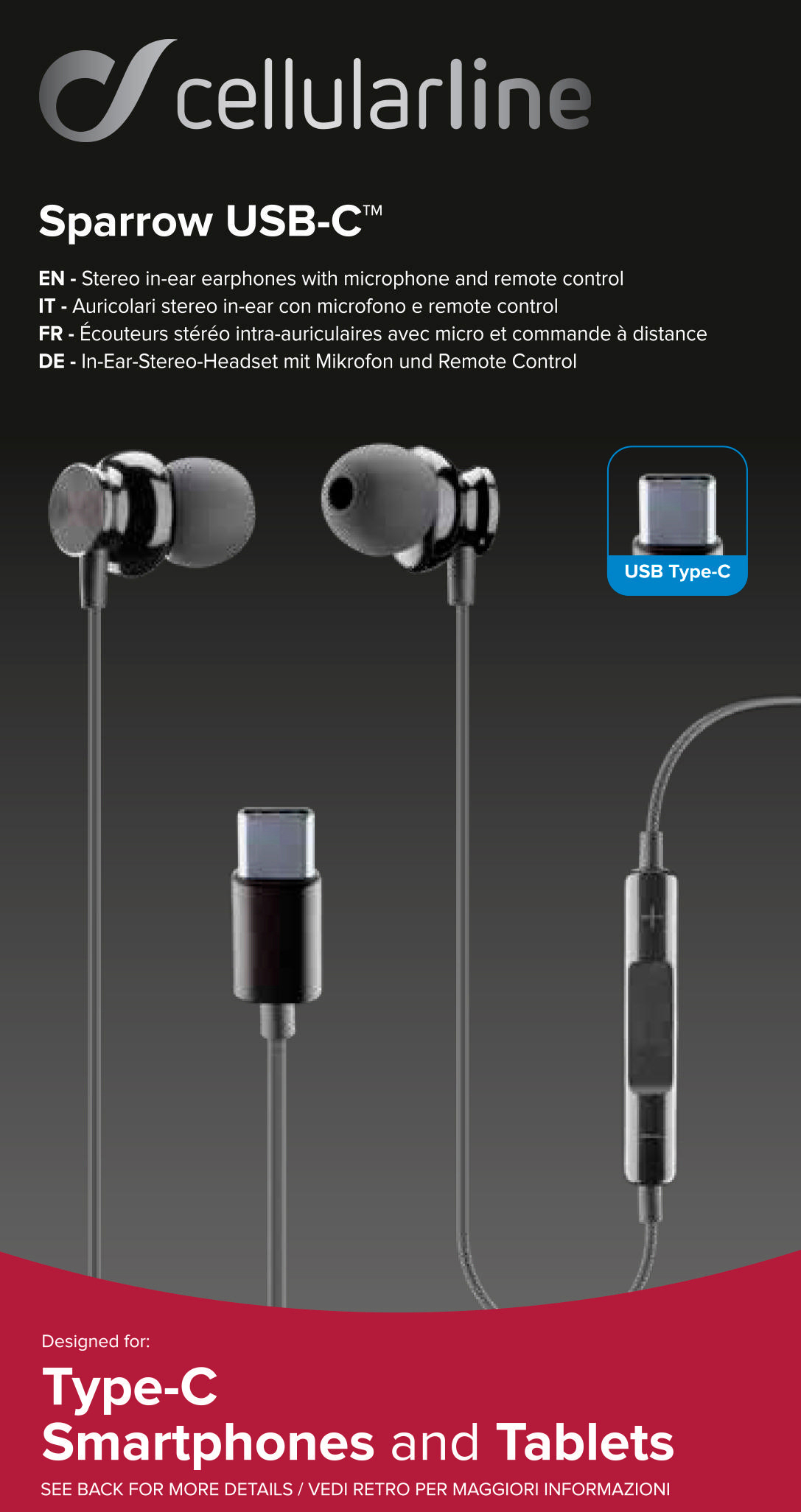 Das Bild zeigt schwarze In-Ear-Kopfhörer mit einem USB-C-Anschluss, die für Smartphones und Tablets konzipiert sind.