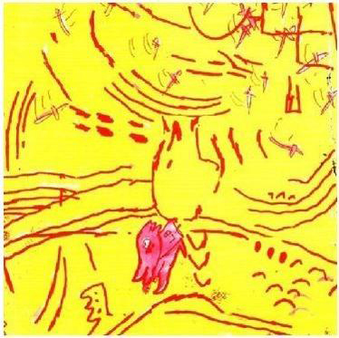 Abstrakte Zeichnung auf gelbem Hintergrund. Rote Linien und eine rosa Figur. Möglicherweise ein Cartoon.