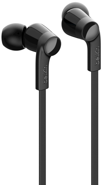 Set zwarte Belkin oordopjes met een strak design en het Belkin logo aan de zijkant.