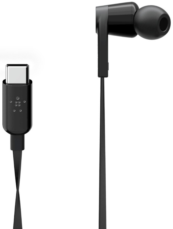 Close-up van zwarte oordopjes met een zwarte USB-C connector.