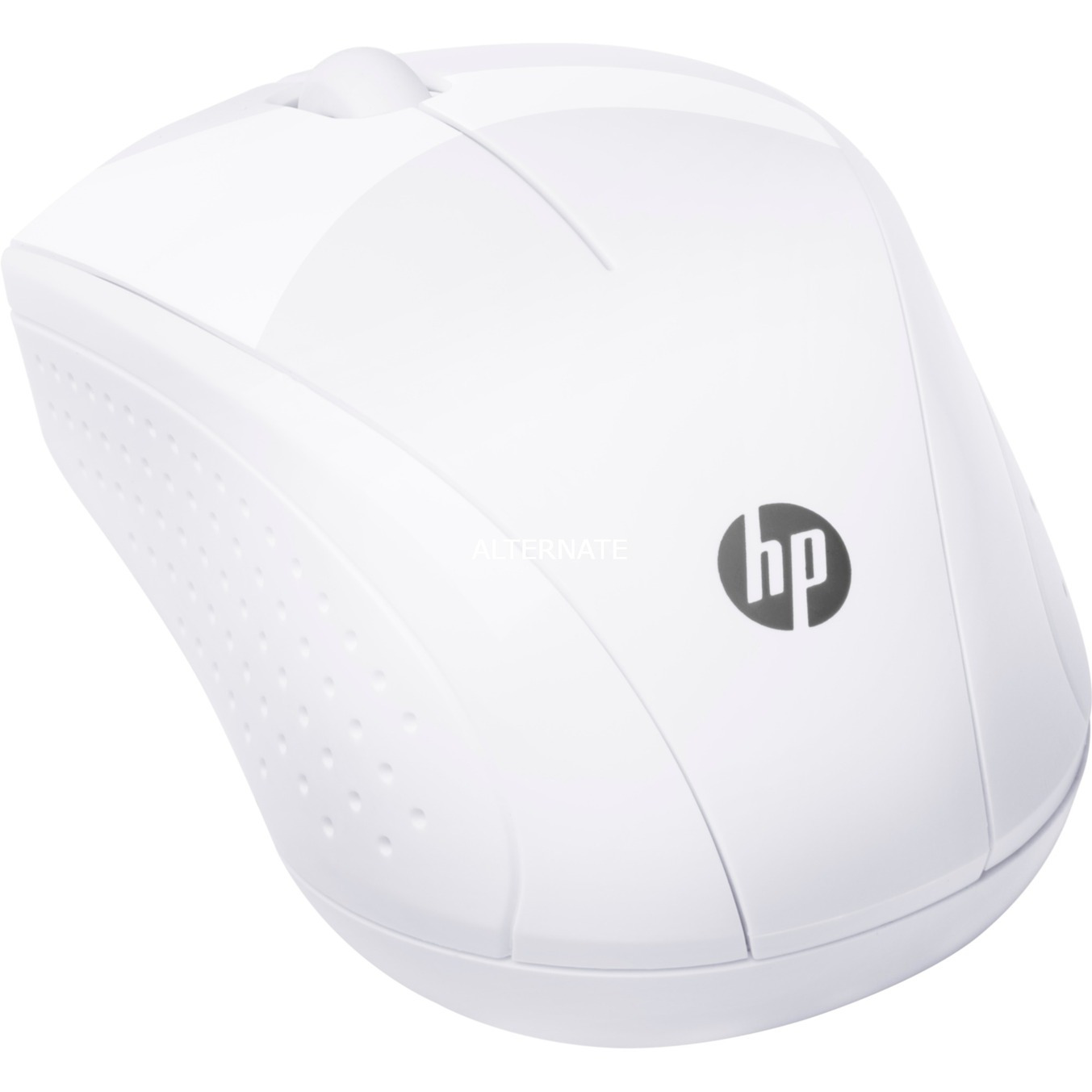 HP logosu bulunan beyaz HP kablosuz fare. Farenin iki düğmesi ve bir kaydırma tekerleği var.