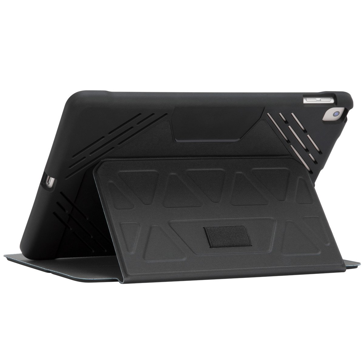 Siyah koruyucu kılıf içinde siyah tablet, bir stand ile. Beyaz arka plan.