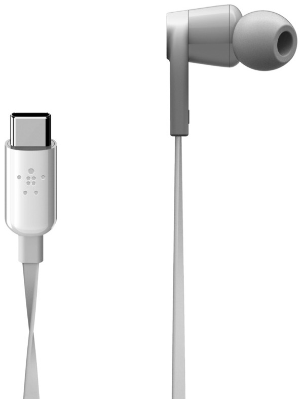 Witte oortelefoons met een witte kabel en een USB-C-connector.