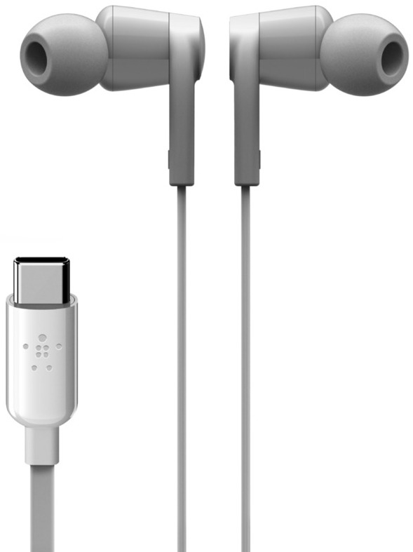 Witte oortelefoons met een witte kabel en een USB-C-connector.