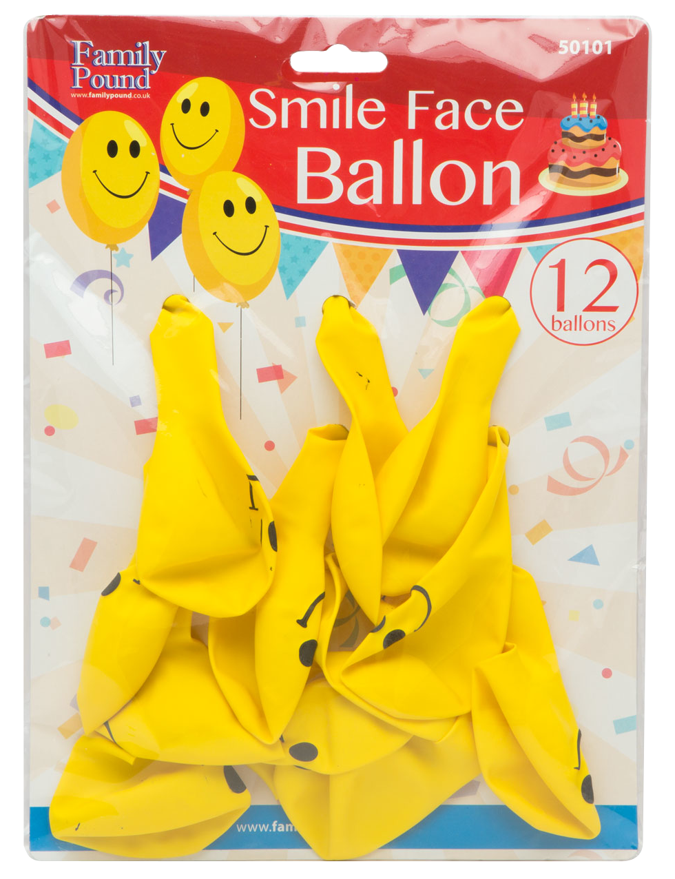 Sárga mosolygó arcos lufik csomagja zsinórral, és a 'Smile Face Ballon' felirat.