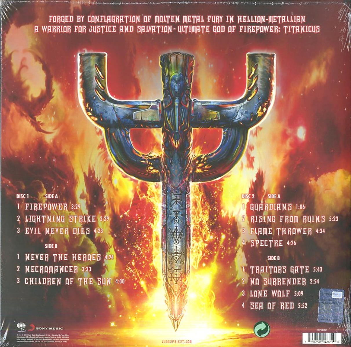 Albumcover mit Schwert, Flammen und Text.