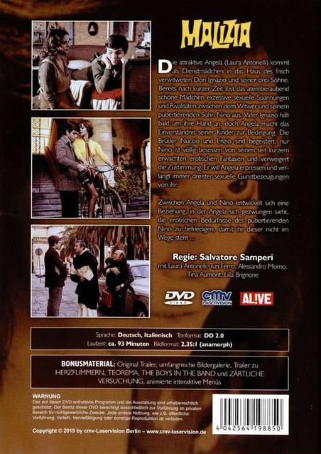 DVD-Hülle mit verschiedenen Filmstills und Text in Italienisch und Deutsch. Zeigt ein Filmplakat.
