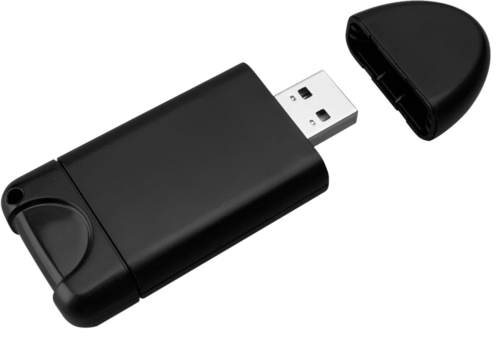 Zwarte USB-stick zonder dop, tegen een witte achtergrond.