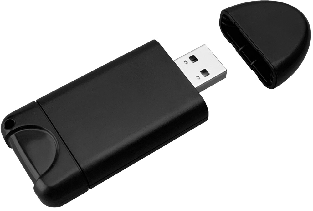 A black USB drive with its protective cap removed.