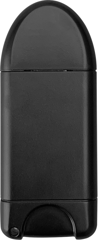 Black USB drive with a rounded shape and a small loop at the end.