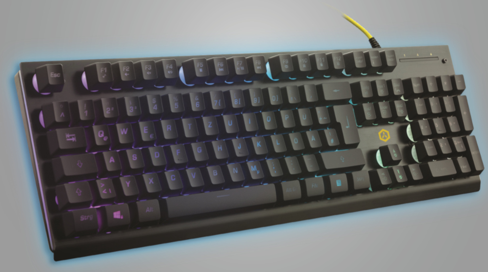 A black mechanical keyboard with backlit keys, a yellow cable, and a gray background. Keys have letters and numbers.