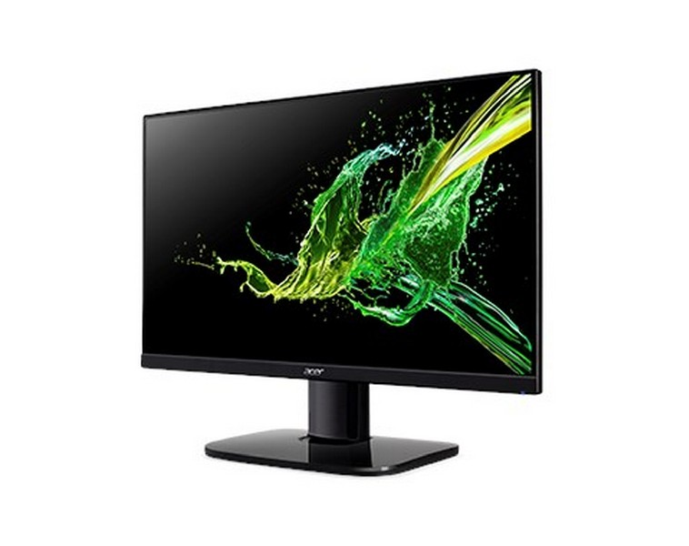 Monitor de ordenador mostrando salpicadura verde y amarilla sobre fondo negro. Logo Acer abajo.