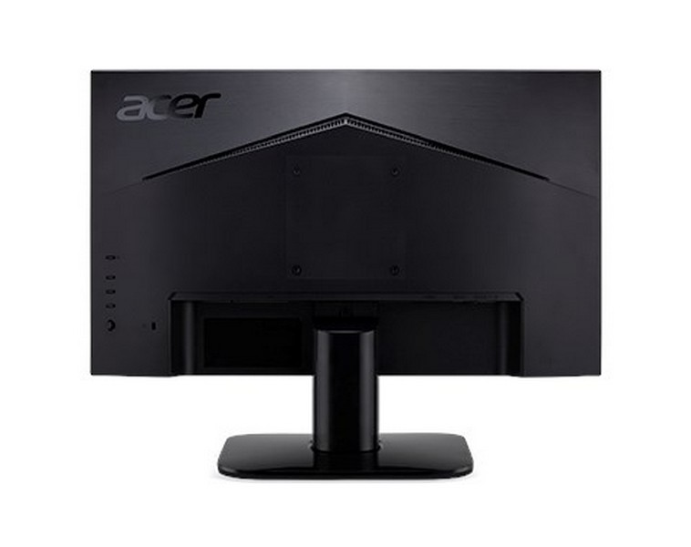 Vista posterior de un monitor de computadora negro. El logotipo de Acer está en la parte superior. El soporte está debajo.