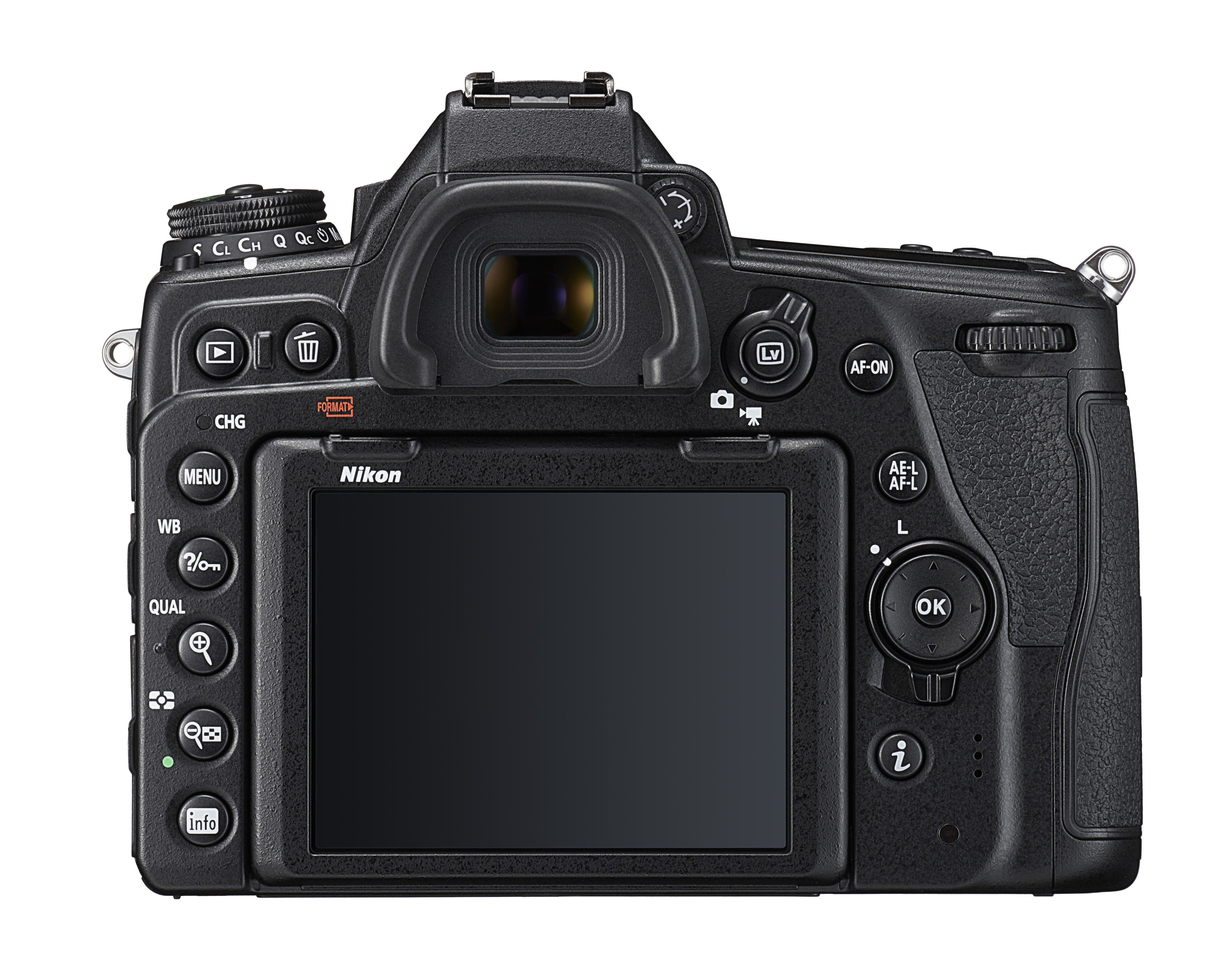 Rückseite einer schwarzen DSLR-Kamera. Zeigt den LCD-Bildschirm, Tasten und verschiedene Bedienelemente.