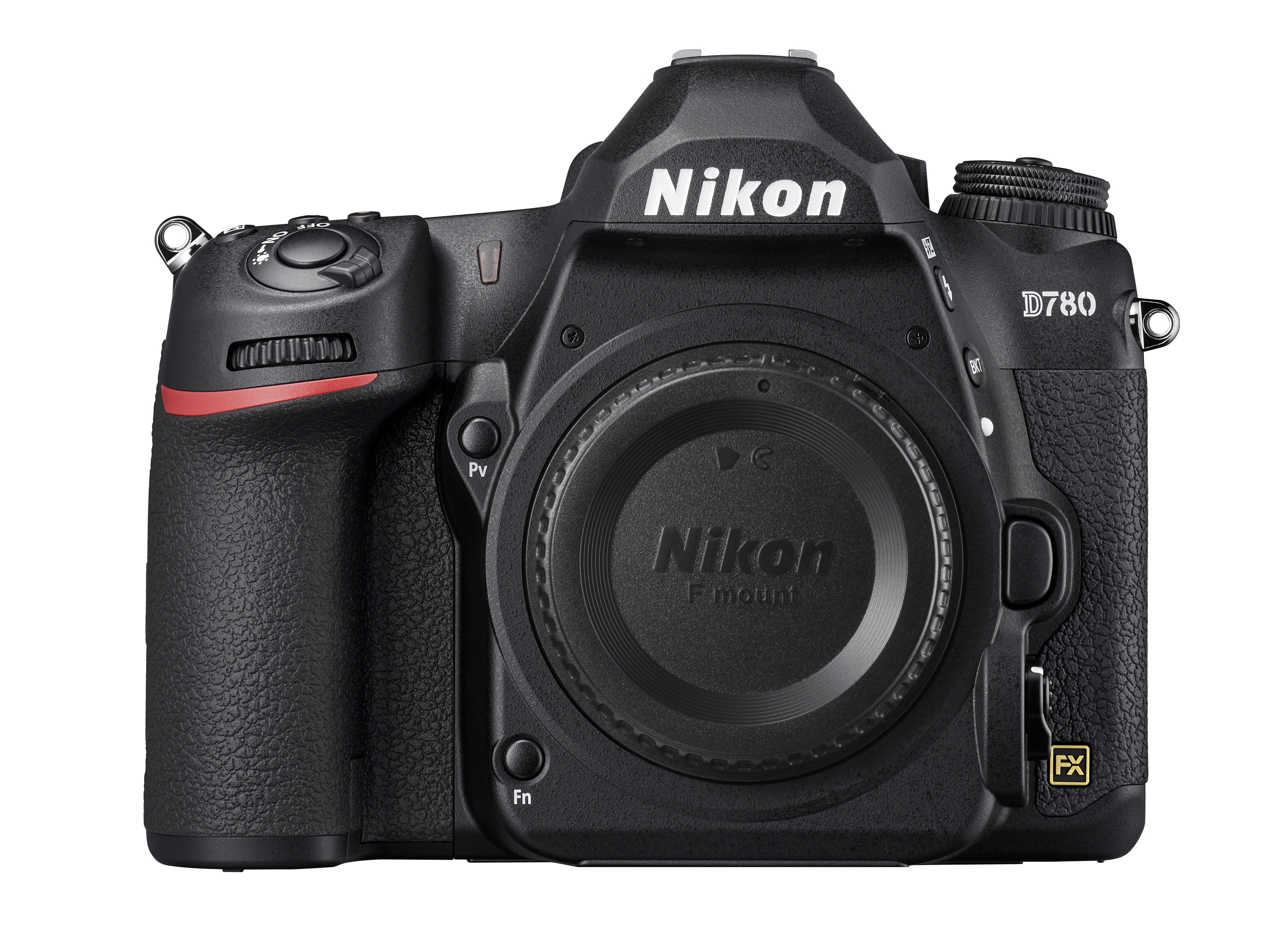 Schwarze Nikon D780 Kamera, mit Objektivanschluss, Knöpfen und Einstellrädern.