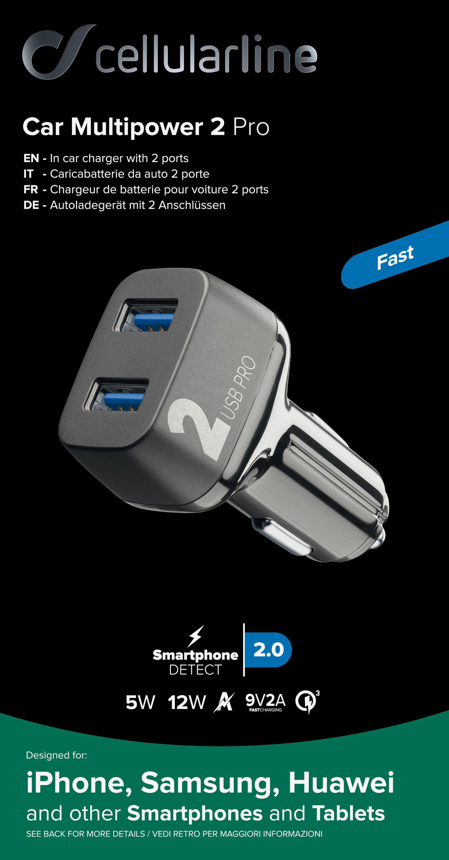 Autoladegerät mit zwei USB-Anschlüssen. Graue Farbe mit blauen Anschlüssen. Schwarzer Hintergrund.