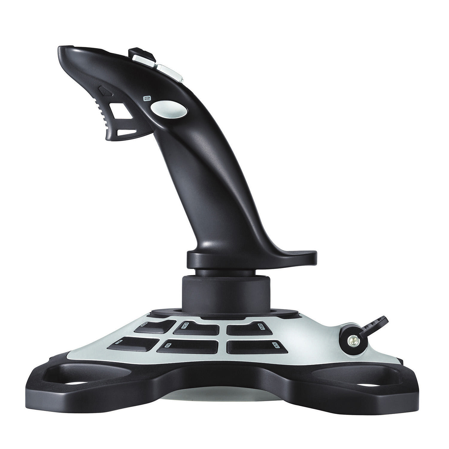 Schwarzer und silberner Joystick-Controller mit Basis und Griff.