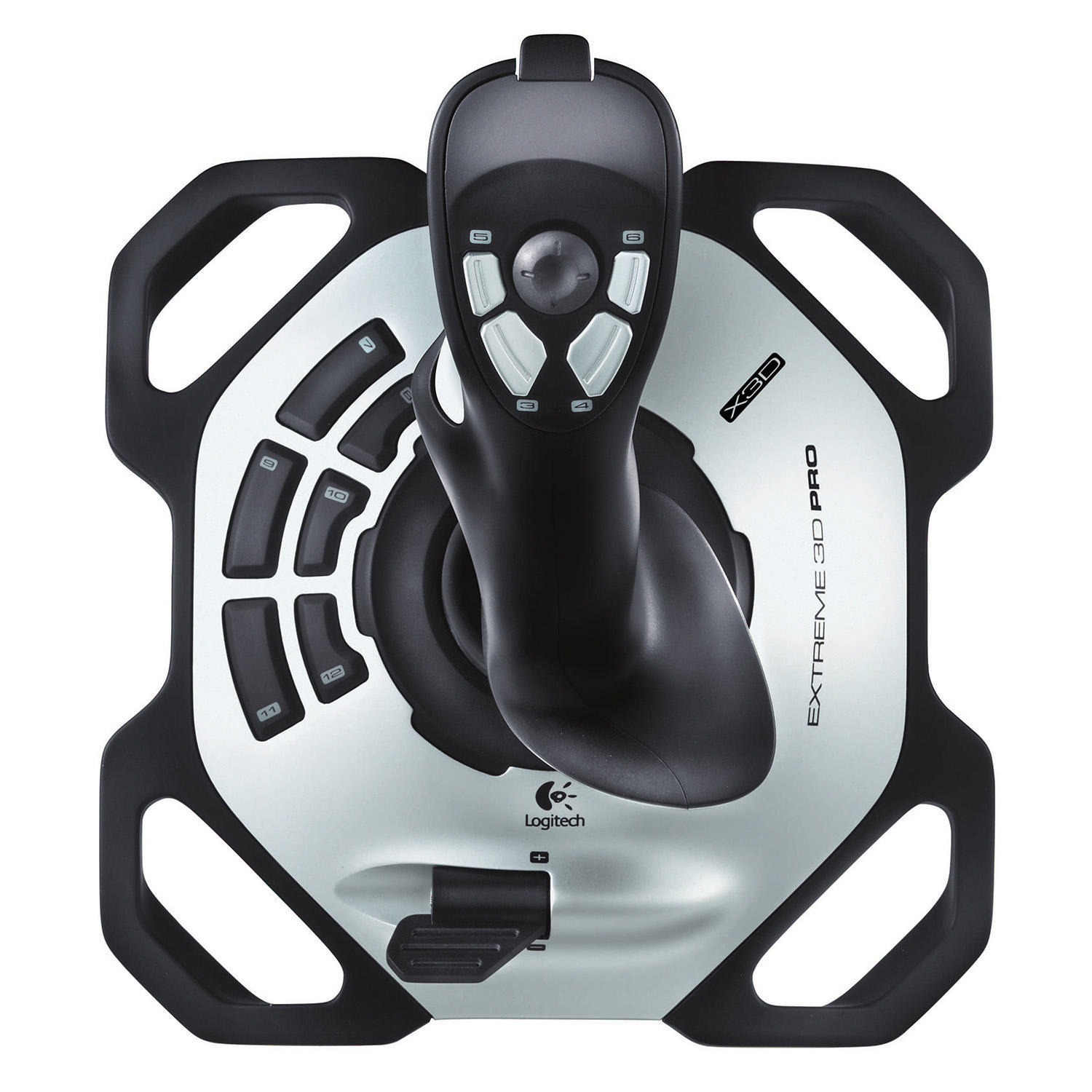 Ein schwarzer und grauer Joystick. Es hat Knöpfe und einen Griff.