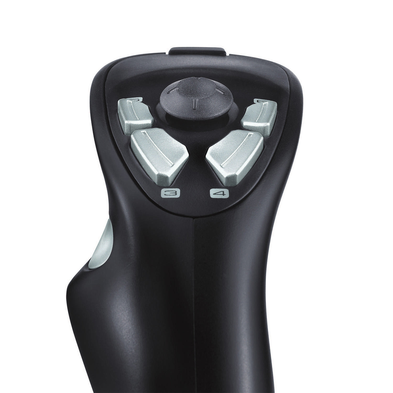 Schwarzer Joystick mit silbernen Knöpfen. Draufsicht zeigt ein Zifferblatt und Knöpfe.