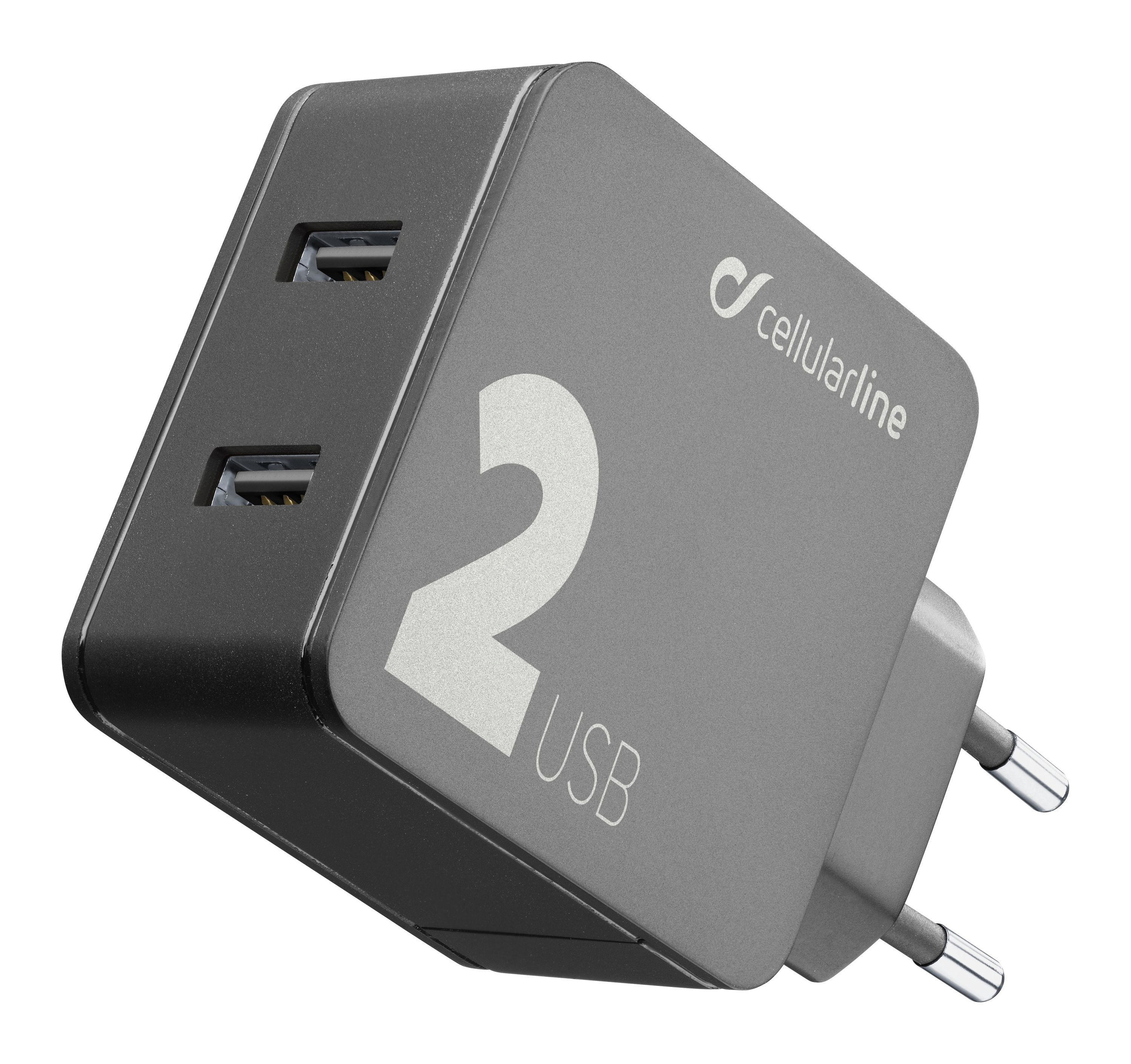 CELLULAR LINE 2, Dual USB 24W Ladegerät Apple, Samsung, Huawei und andere Smartphones und Tablets, 110-240 Volt, Schwarz