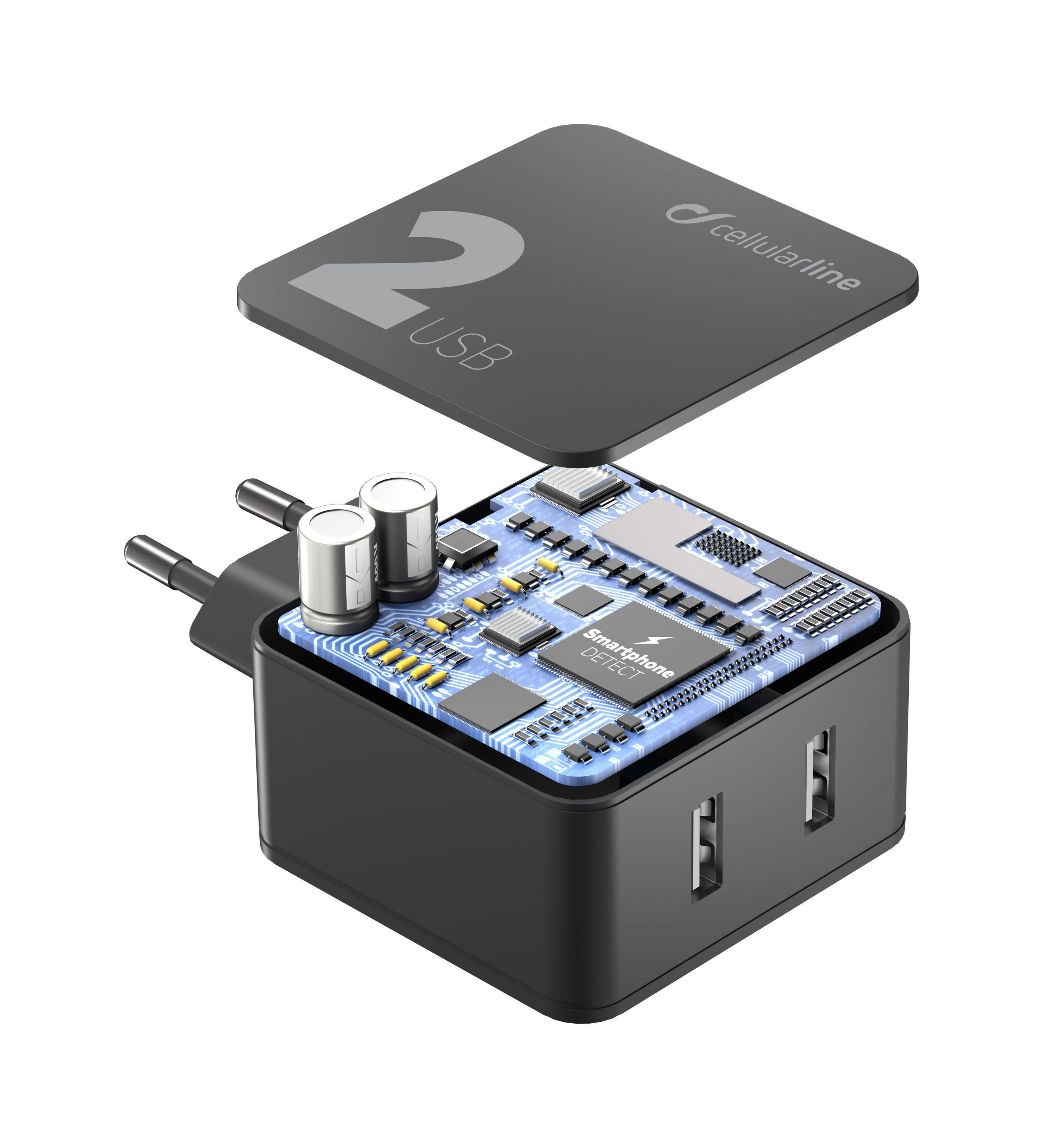CELLULAR LINE 2, Dual USB 24W Ladegerät Apple, Samsung, Huawei und andere Smartphones und Tablets, 110-240 Volt, Schwarz