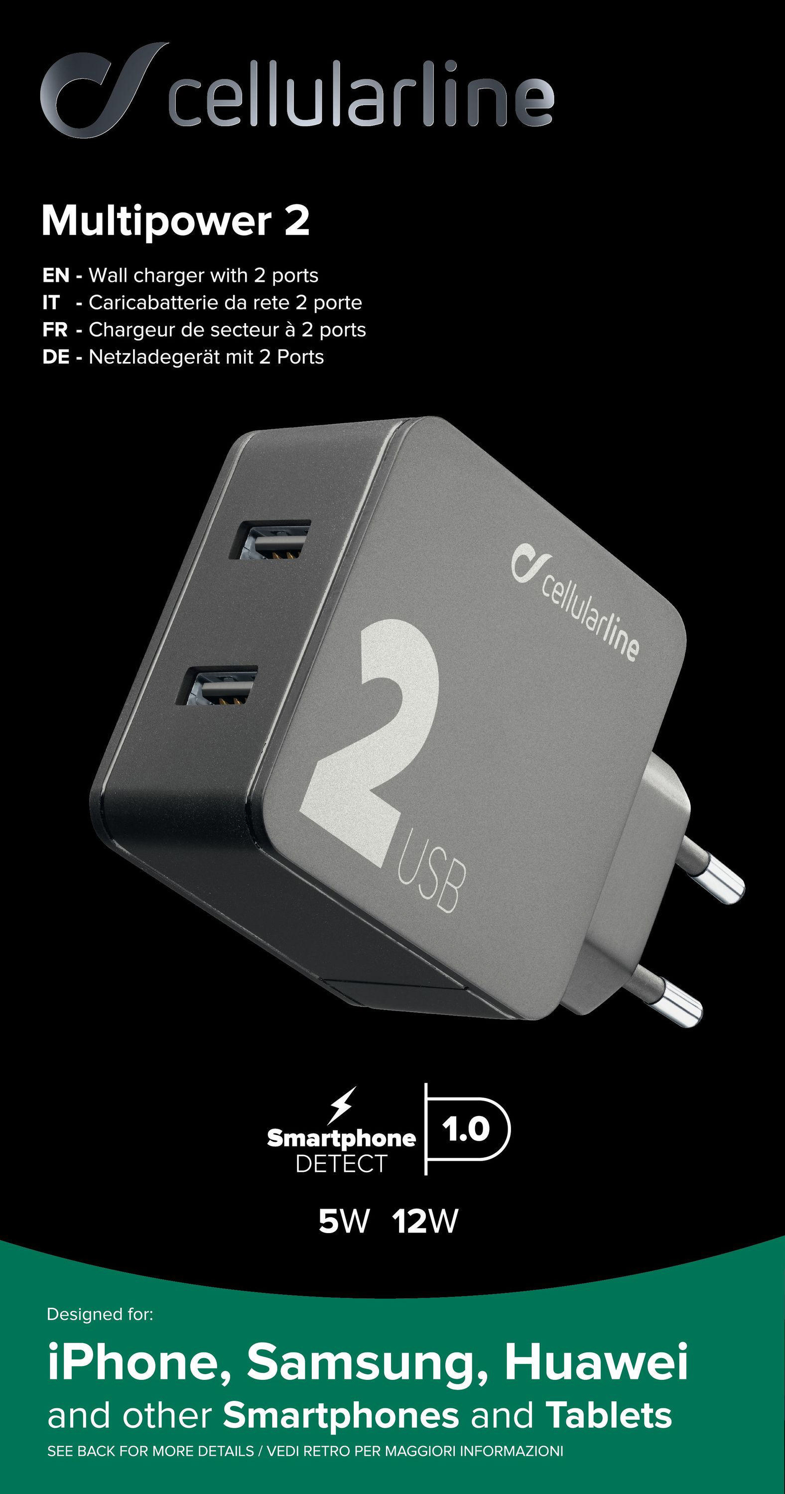 CELLULAR LINE 2, Dual USB 24W Ladegerät Apple, Samsung, Huawei und andere Smartphones und Tablets, 110-240 Volt, Schwarz