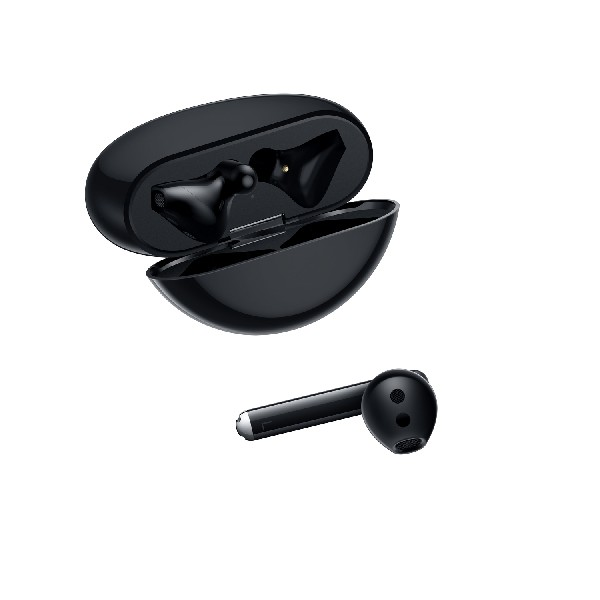 Auriculares inalámbricos negros con estuche de carga. Un auricular está separado.
