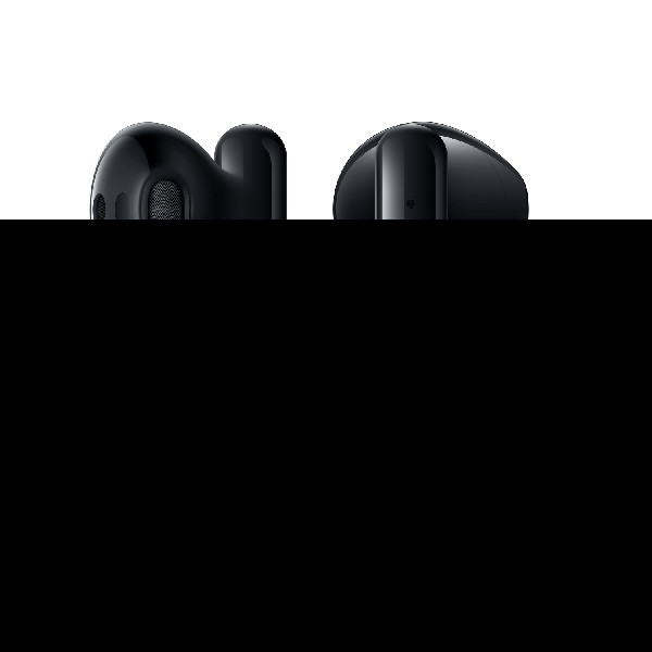 Auriculares inalámbricos negros, primer plano, mostrando las puntas de los auriculares.