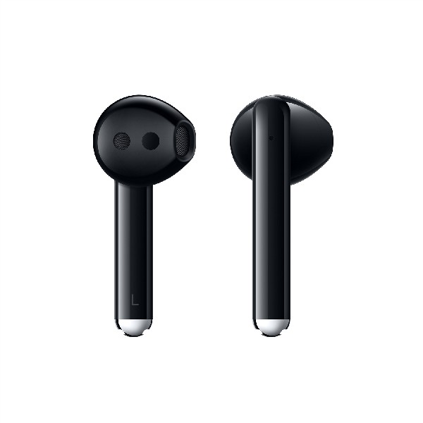 Auriculares inalámbricos negros, dos piezas. Fondo blanco.