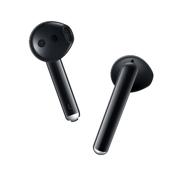 Dos auriculares inalámbricos negros sobre fondo blanco.