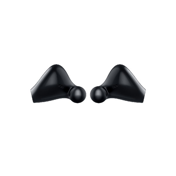 Dos piezas de auriculares negros sobre un fondo blanco. Diseño curvo.
