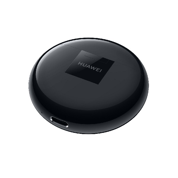 Un estuche de carga inalámbrica negro, redondo y brillante, con la palabra 'HUAWEI' en la parte superior.