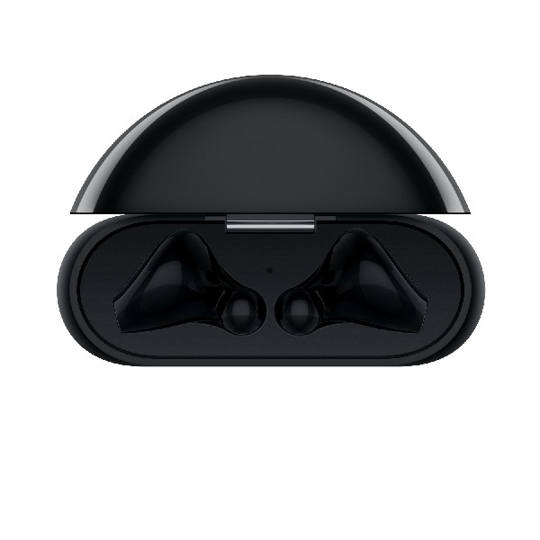 Funda de carga de auriculares negra, abierta. Dos auriculares negros están dentro.