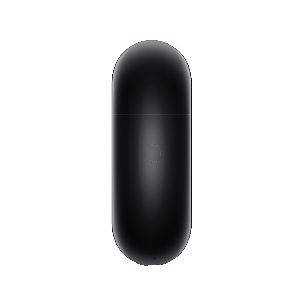 Un estuche de carga negro. Tiene forma rectangular redondeada con un pequeño círculo centrado.