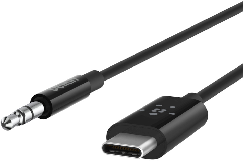 Black USB-C to 3.5mm audio cable. The 3.5mm jack and USB-C connector are visible.