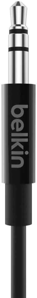 A black Belkin 3.5mm audio jack cable. The jack is silver and the cable is black.