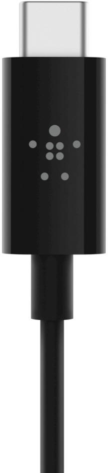 A black Belkin USB-C cable. A silver USB-C connector and a black cable are visible.
