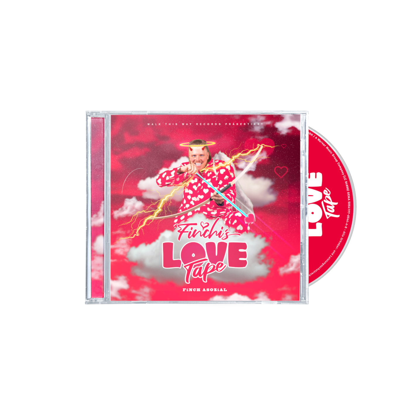 CD-Hülle mit CD. Das Cover zeigt eine Person in einem gepunkteten Outfit, mit dem Schriftzug "LOVE TAPE".