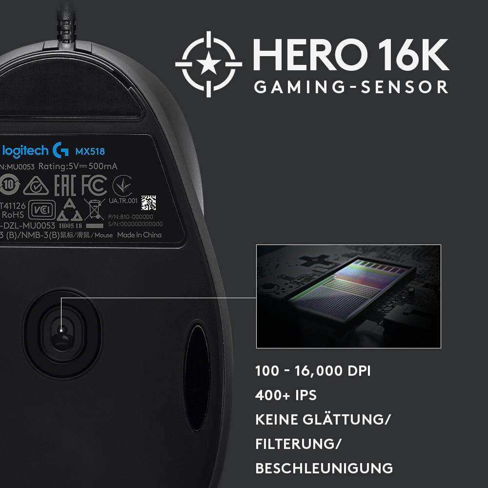 LOGITECH MX 518 Gaming Maus, Grau/Schwarz