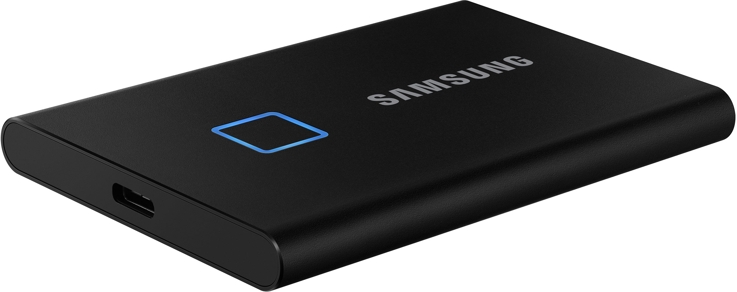 Disque dur externe noir Samsung avec une lumière bleue.
