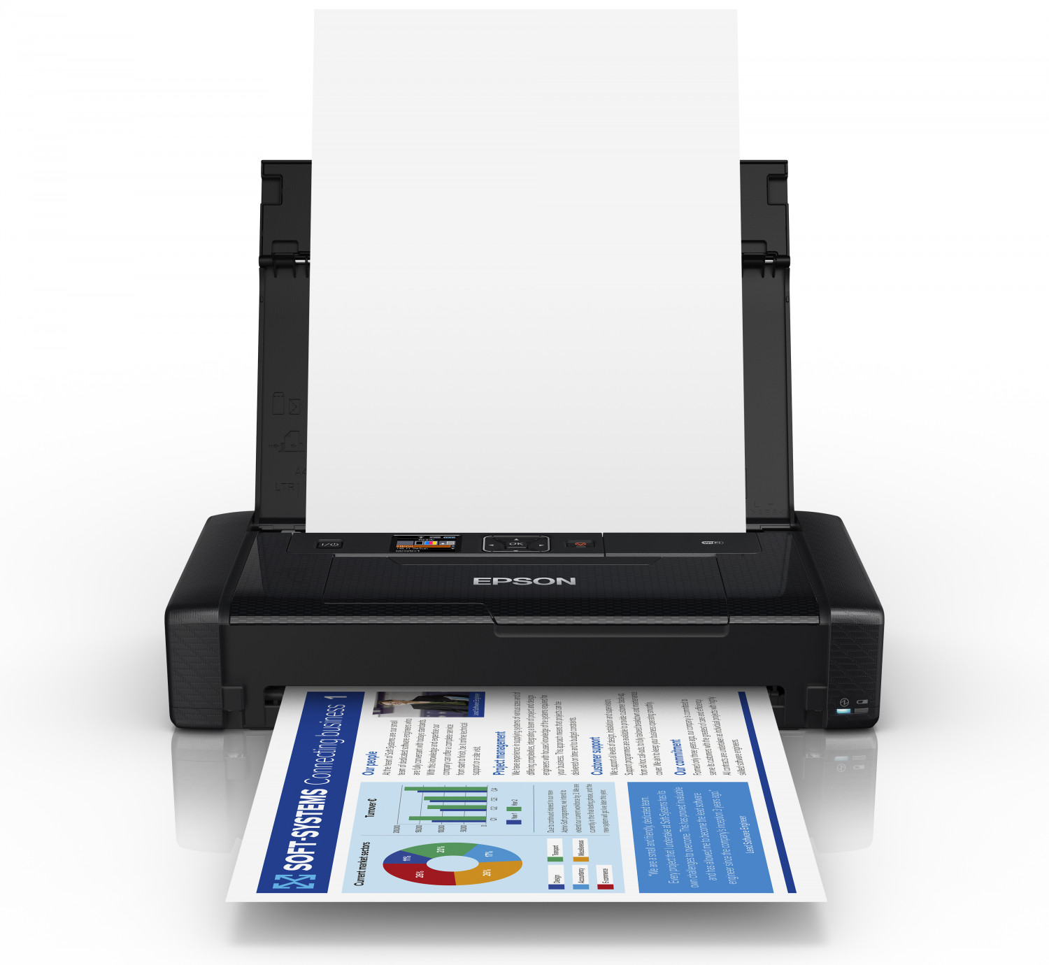 An Epson printer printing a document. There is a printed paper in the output tray.