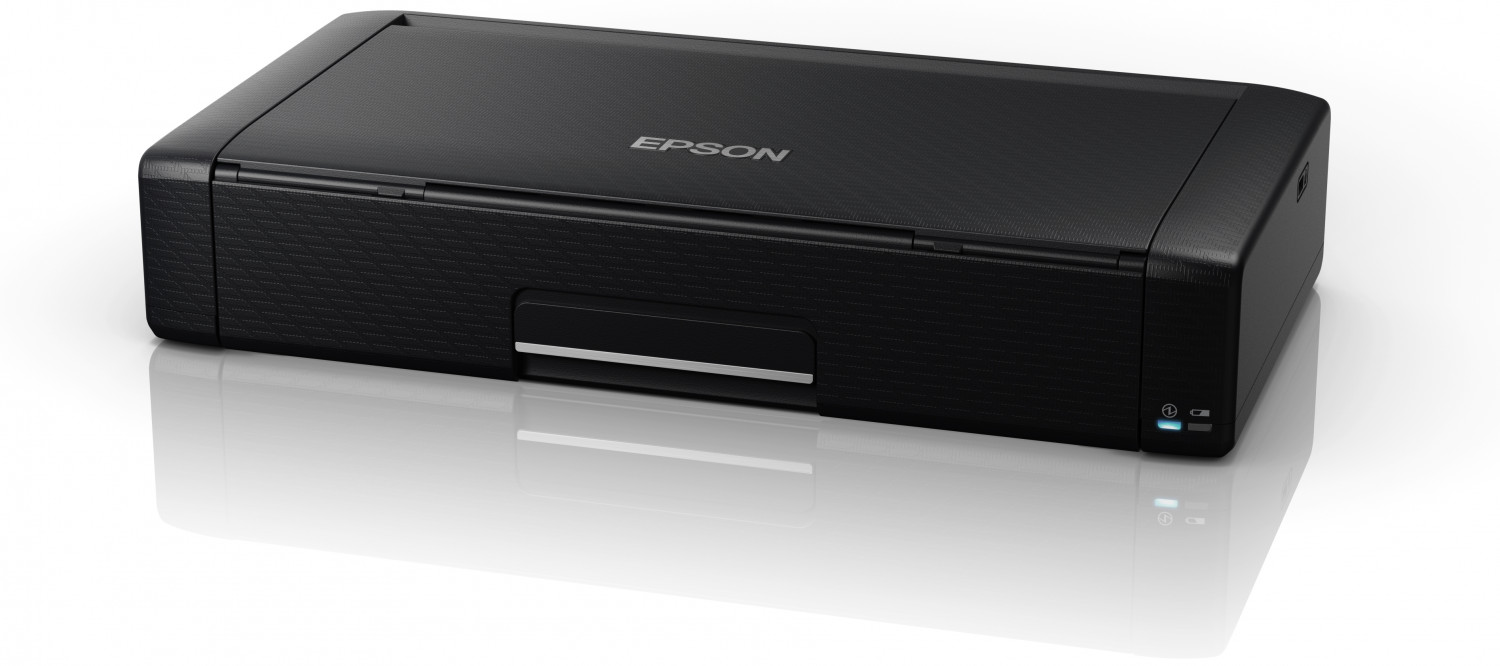 Black Epson printer on a white background. The printer has a smooth surface.