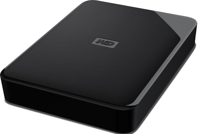Schwarze externe Festplatte. Es ist ein rechteckiges, schlankes Gerät mit einem 'WD'-Logo in der Mitte.