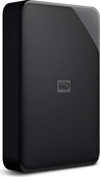 Schwarze tragbare Festplatte. Hat ein WD-Logo in der Mitte.
