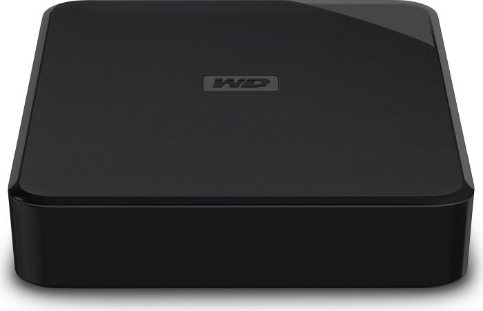 Eine schwarze, rechteckige Festplatte mit den Buchstaben 'WD' in der Mitte.