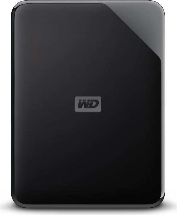 Eine schwarze externe Festplatte mit dem WD-Logo in der Mitte.