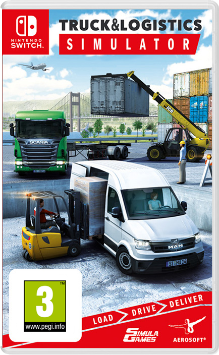 Couverture du jeu : Truck & Logistics Simulator. Camions, chariot élévateur, conteneurs et un avion en arrière-plan.