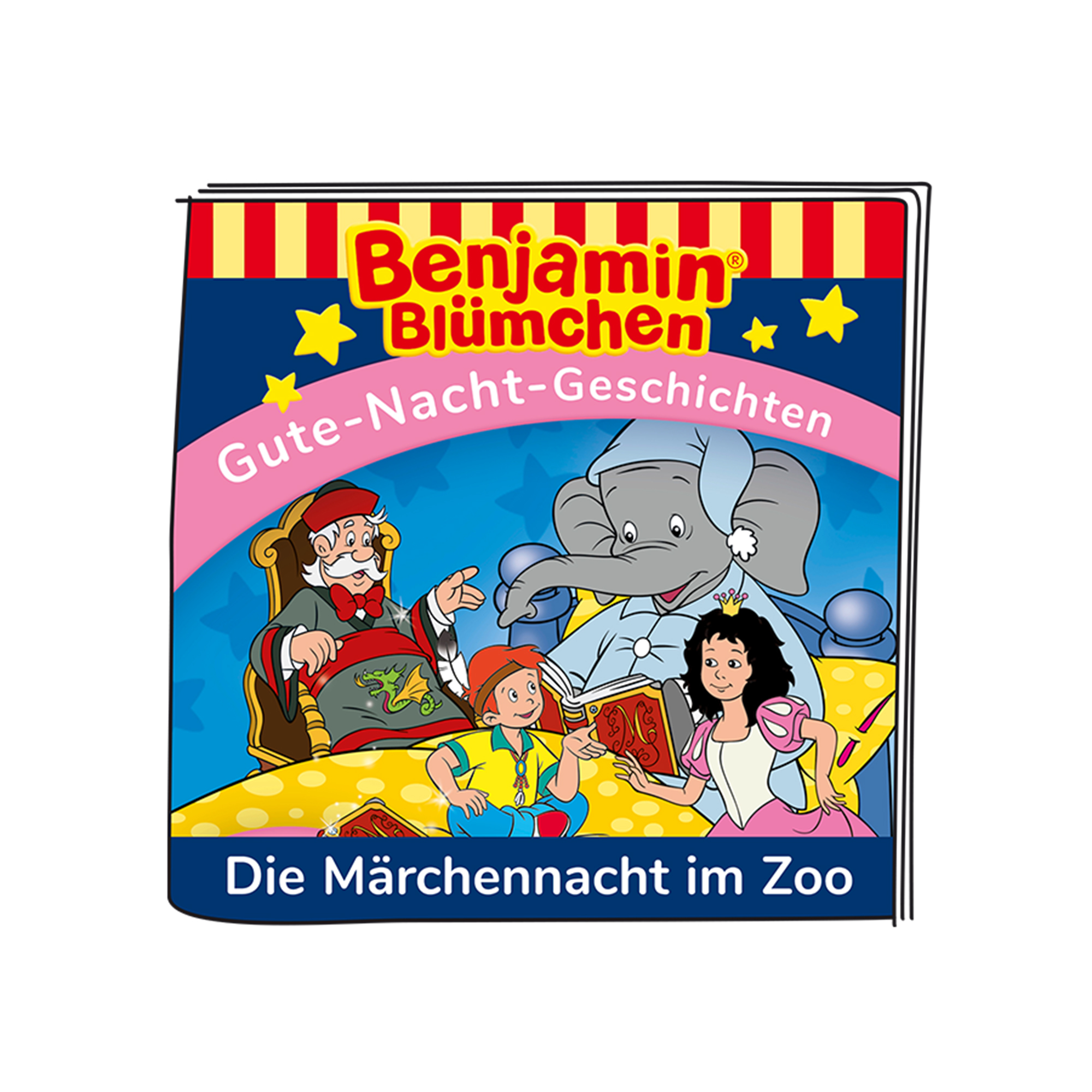Buchcover mit Elefanten, Junge, Mädchen und Mann. Titel: Benjamin Blümchen, Gute-Nacht-Geschichten, Die Märchennacht im Zoo.