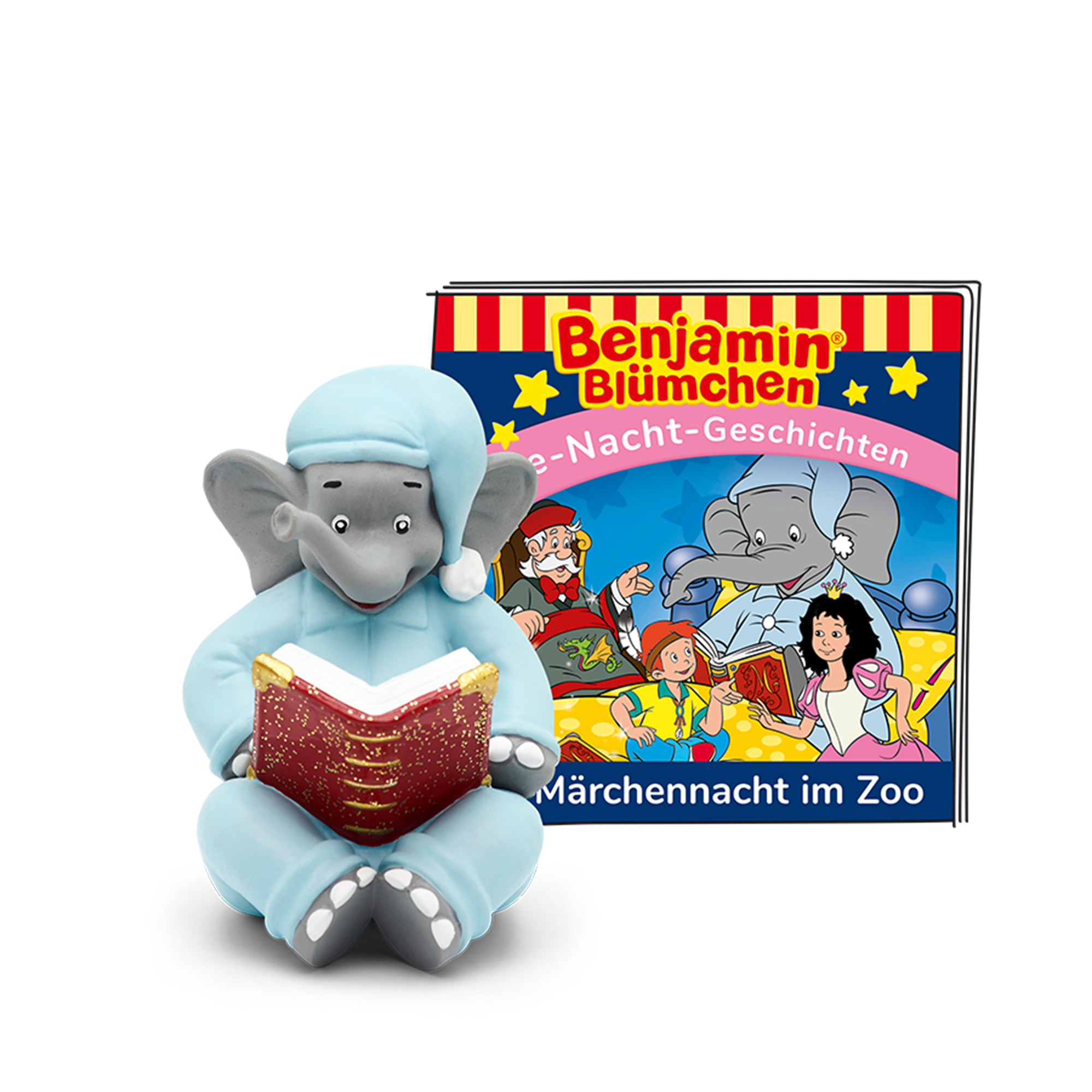Eine Figur eines Elefanten im Pyjama, der ein Buch liest. Ein Buchcover liegt daneben.
